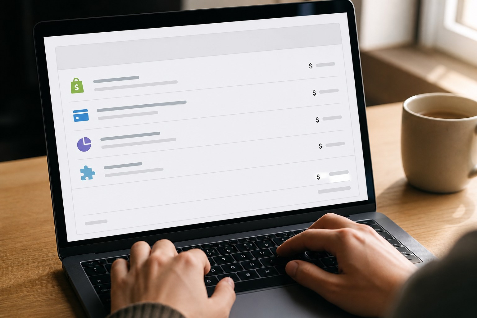 Close-up of a Shopify billing summary screen on a laptop showing itemized charges including plan fee, transaction fees, and app subscriptions, natural desk lighting
