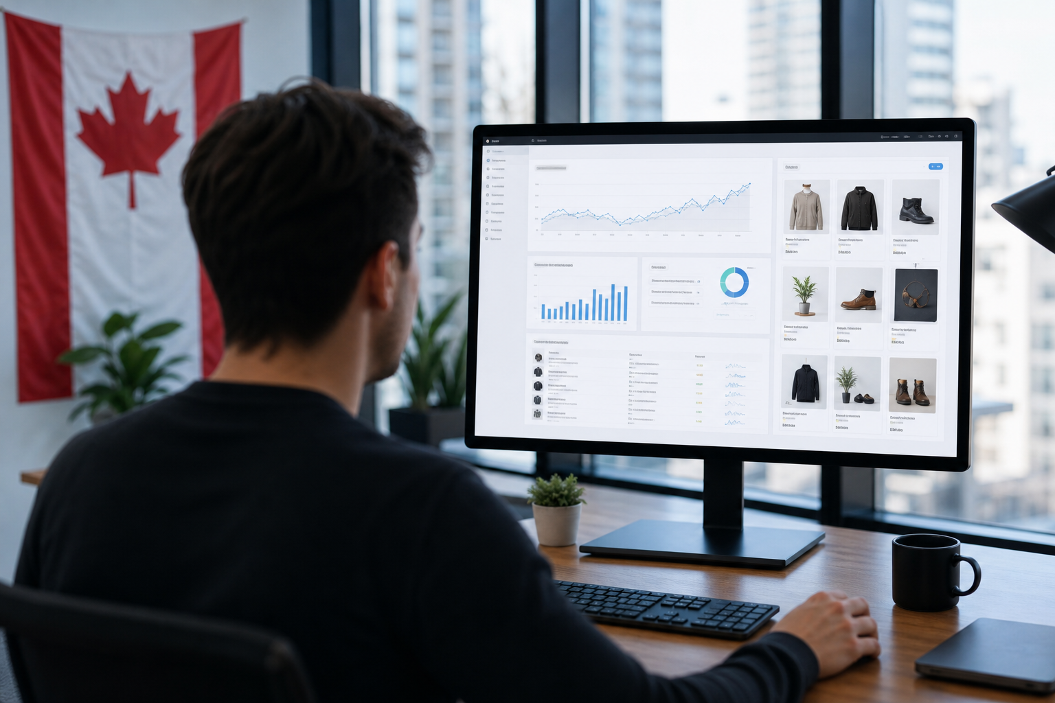 A Shopify ecommerce store dashboard showing rising organic traffic graphs, product collection pages, and search ranking data on a desktop monitor in a modern Canadian brand office.