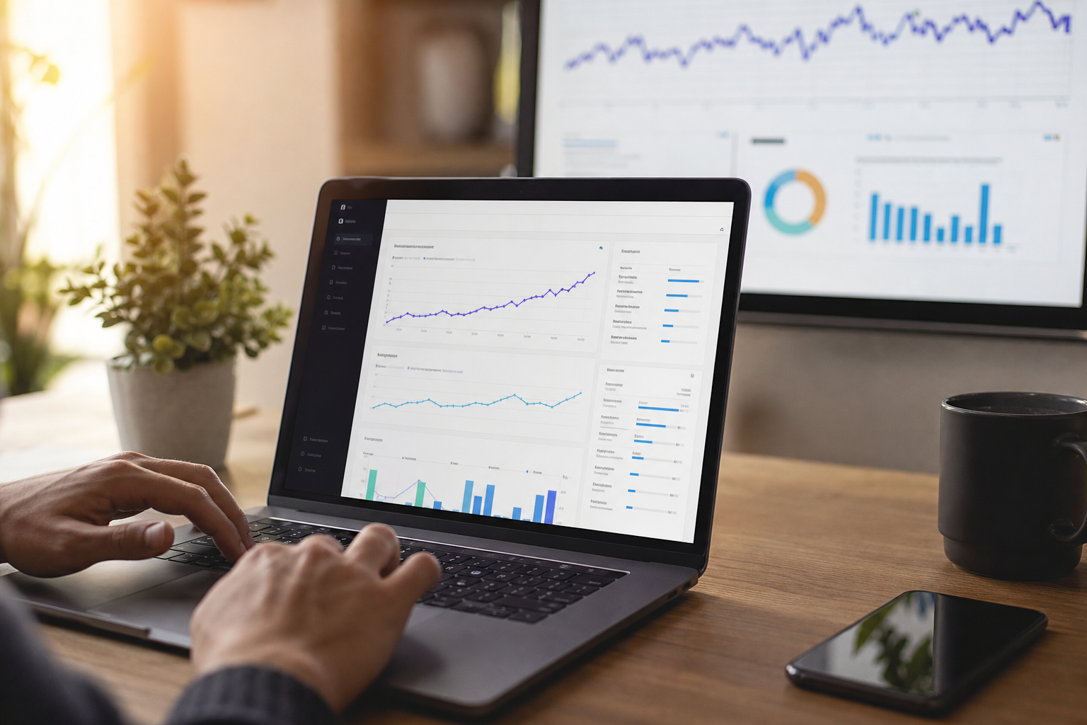 Shopify ecommerce store dashboard showing rising organic traffic graphs on a laptop screen, warm office lighting, data charts visible in background