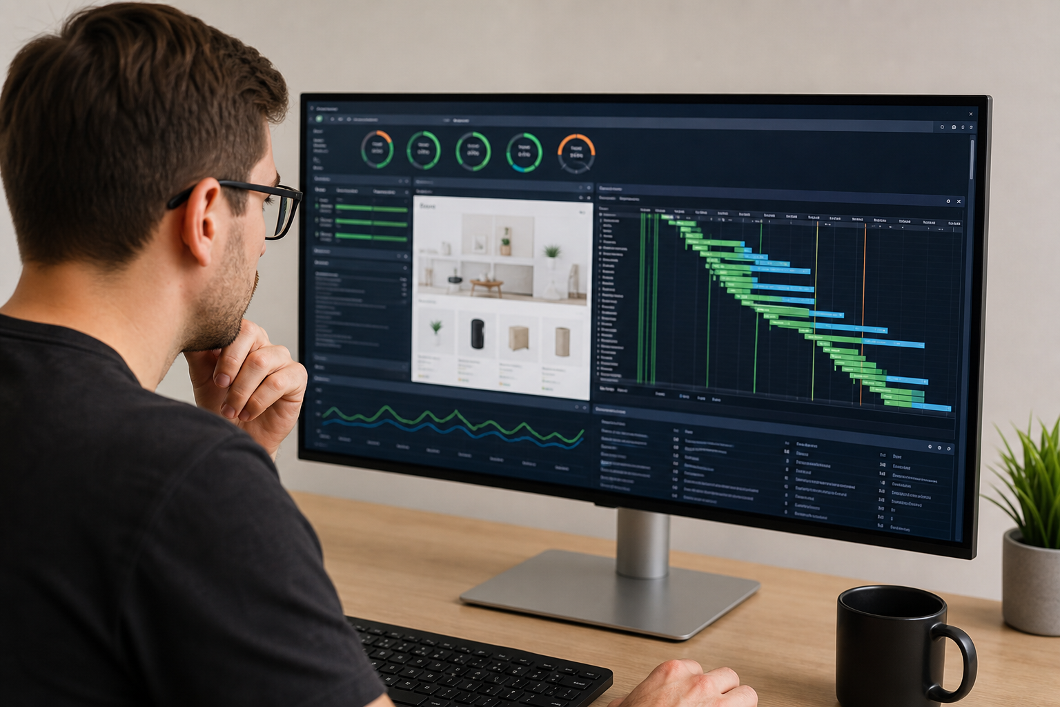 Developer reviewing Shopify store page load waterfall charts on a wide monitor, with performance score metrics and Core Web Vitals data visible on screen in a clean studio workspace