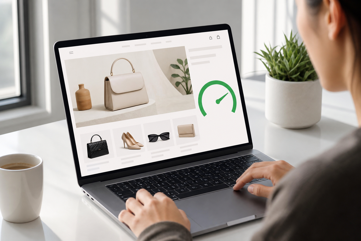 A Shopify ecommerce website loading instantly on a laptop screen, displaying a clean product page with a visible speed score metric in a bright, modern workspace setting.