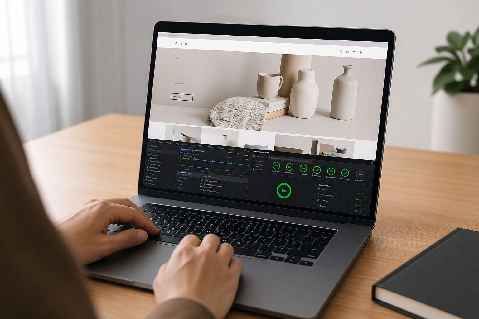 A Shopify ecommerce website loading instantly on a laptop screen, showing green Core Web Vitals scores and a fast page speed performance report in a browser dev tools panel.