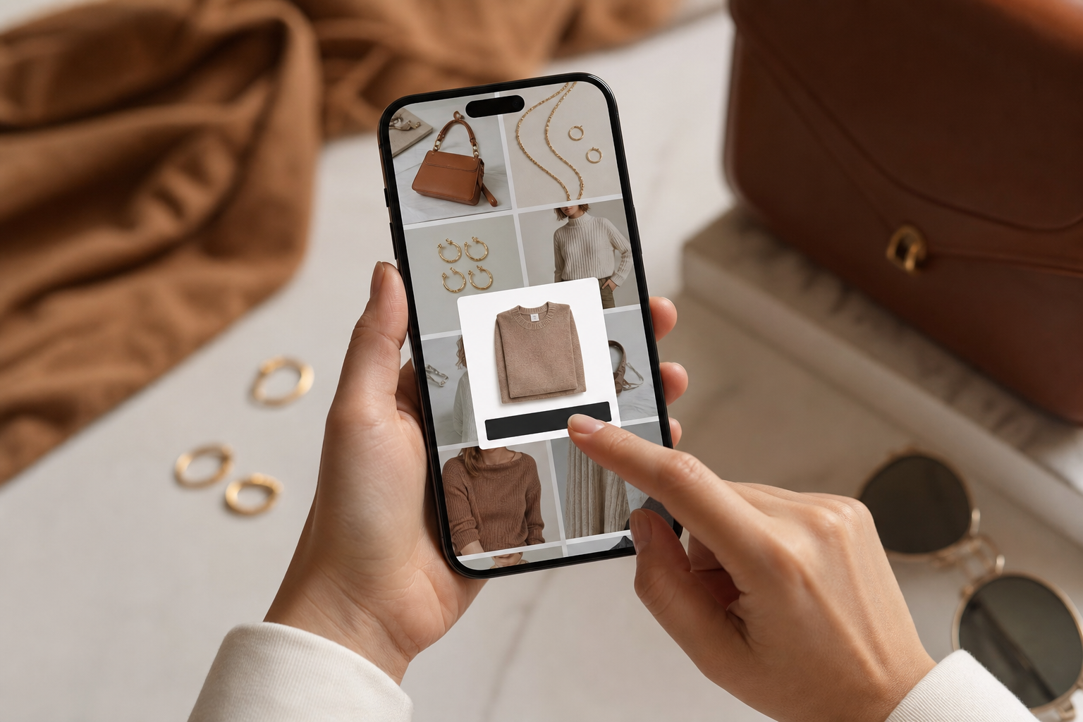 Shopify ecommerce brand's Instagram feed displayed on a phone with product flat lays, warm studio lighting, and a visible Add to Cart overlay on a fashion product post