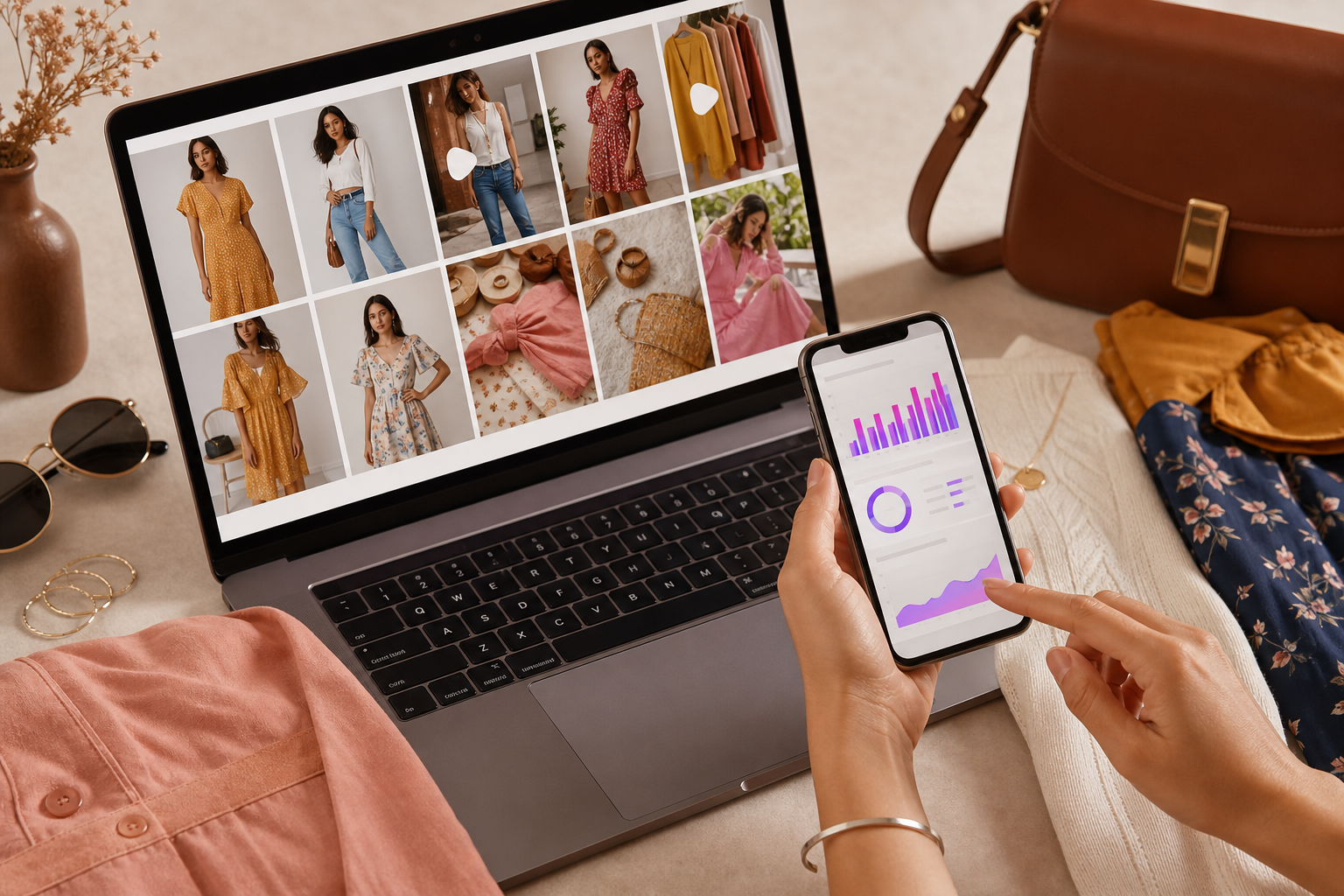 A flat-lay of a fashion ecommerce brand's Instagram feed grid on a laptop screen, surrounded by product samples in warm studio lighting, showing Reels analytics and engagement data