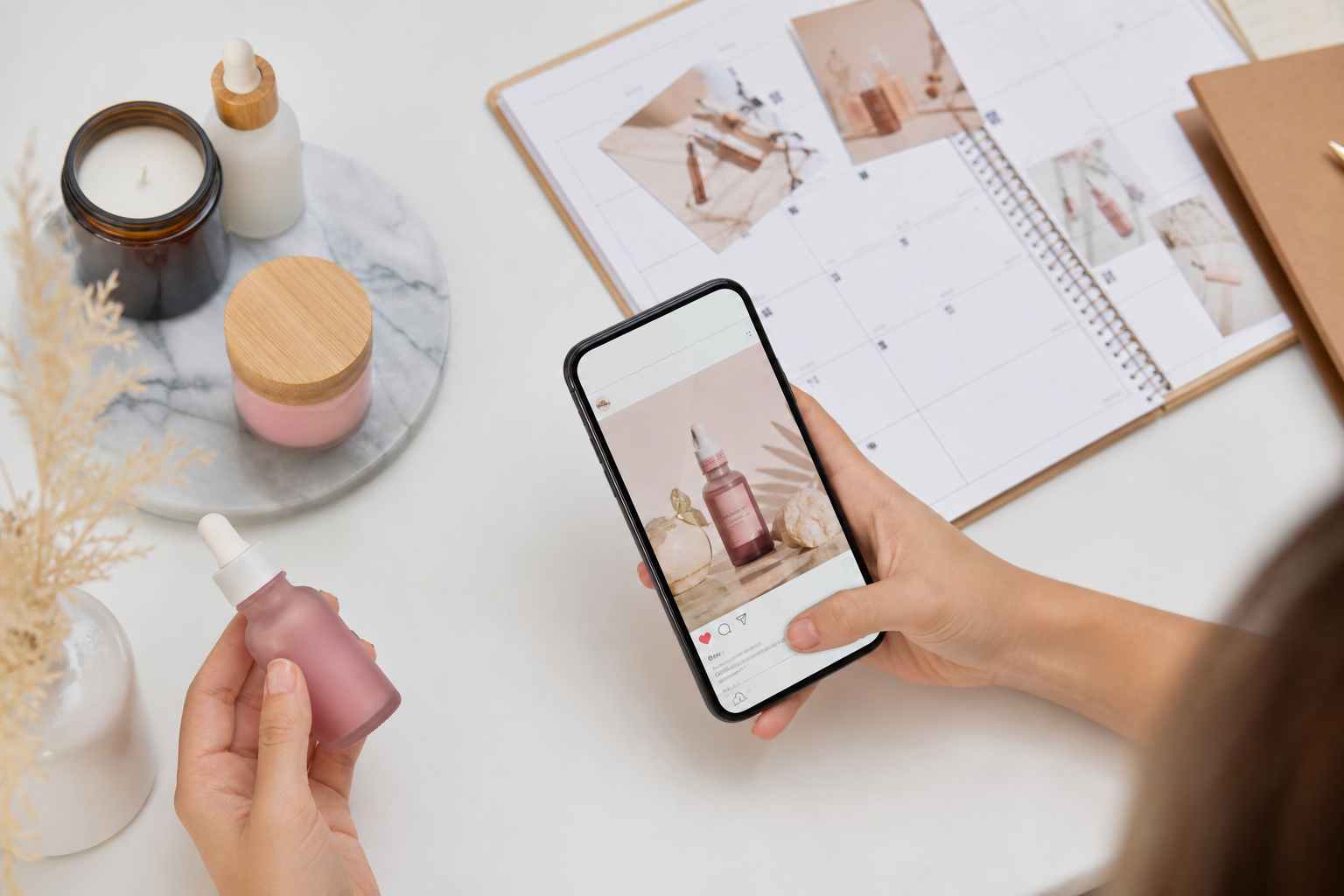 Flat-lay of a Shopify brand's product styled for Instagram, surrounded by a phone displaying a high-engagement social media post and a content calendar on a white desk