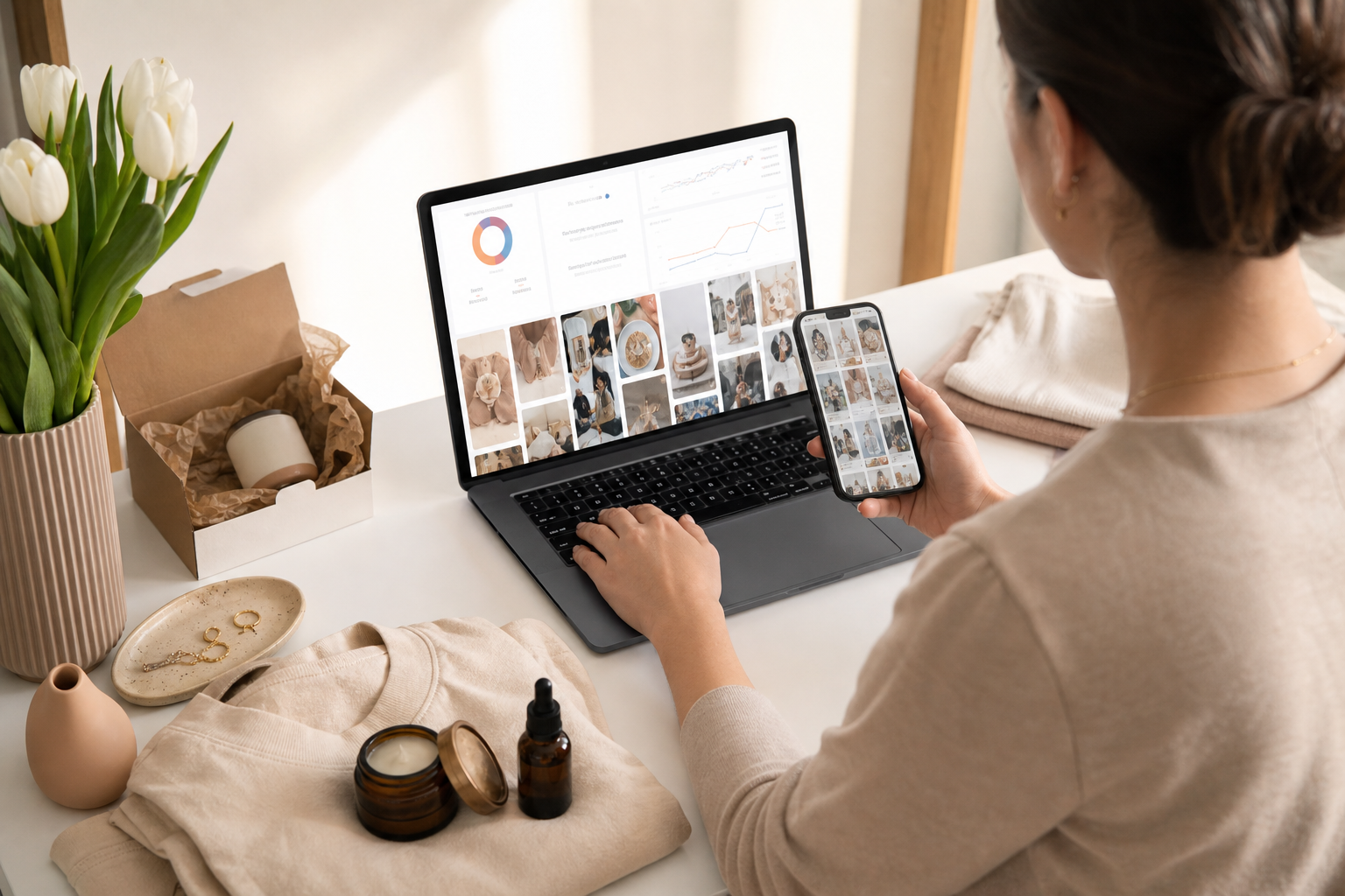 A Shopify ecommerce brand owner reviewing Instagram and TikTok content performance on a laptop and phone, product flat lays arranged on a white desk under warm studio lighting