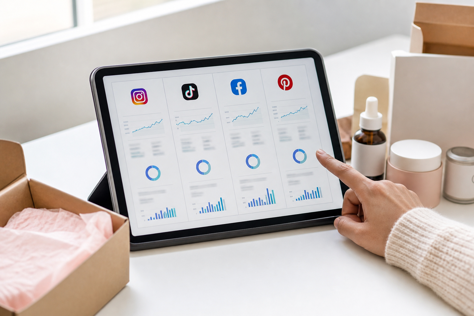 Side-by-side platform comparison on a tablet screen showing Instagram, TikTok, Facebook, and Pinterest ecommerce performance metrics, photographed on a white desk beside product packaging samples under natural window light