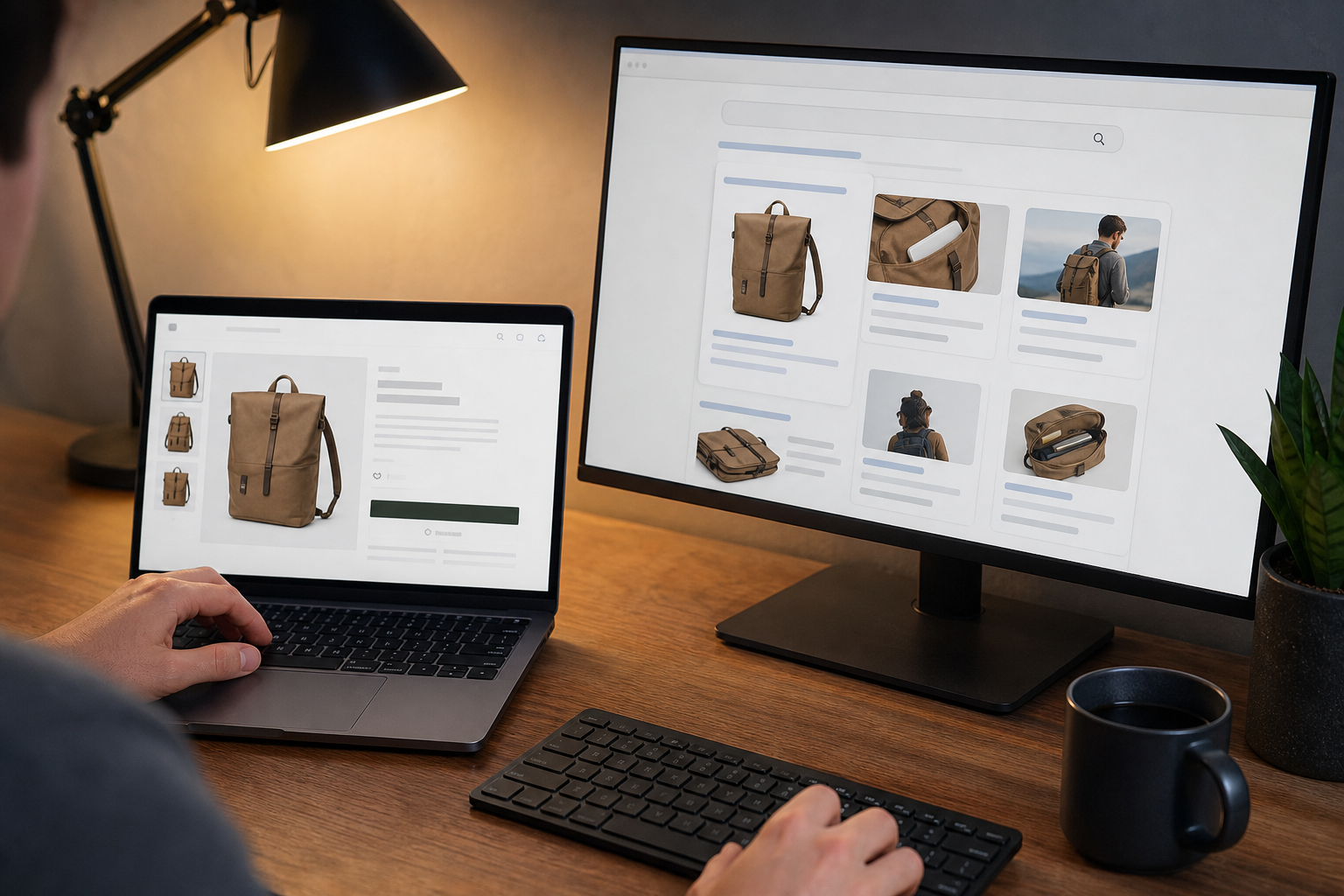 A Shopify product page open on a laptop with AI-generated search results visible on a second screen, warm studio lighting, clean desk, matte black keyboard