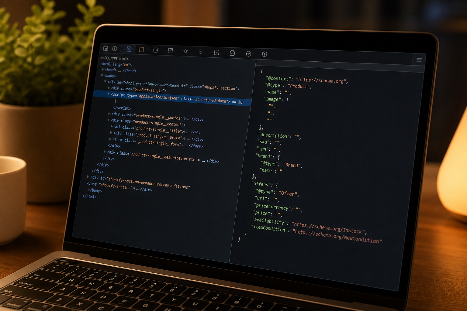 Close-up of a browser developer tools panel showing structured data markup for a Shopify product page, dark mode UI, clean desk, same warm studio lighting as hero shot