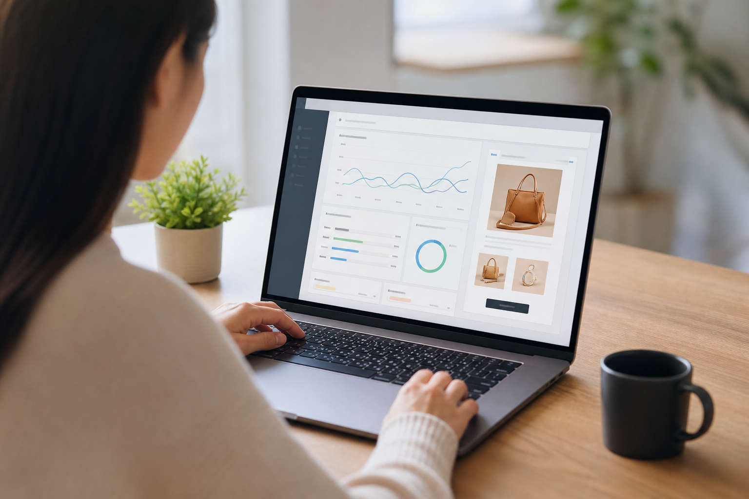 Laptop screen showing an ecommerce email campaign dashboard with open rate metrics, revenue graphs, and a product promotion email template in a bright home office setting