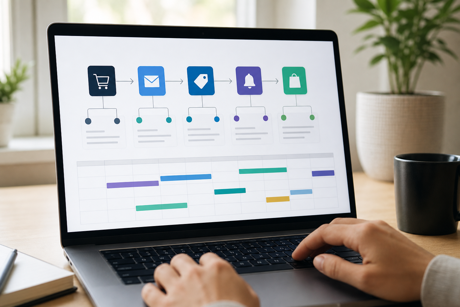 Close-up of the same laptop screen showing a flowchart diagram of an ecommerce email automation framework with five connected flow nodes and campaign calendar, bright home office lighting