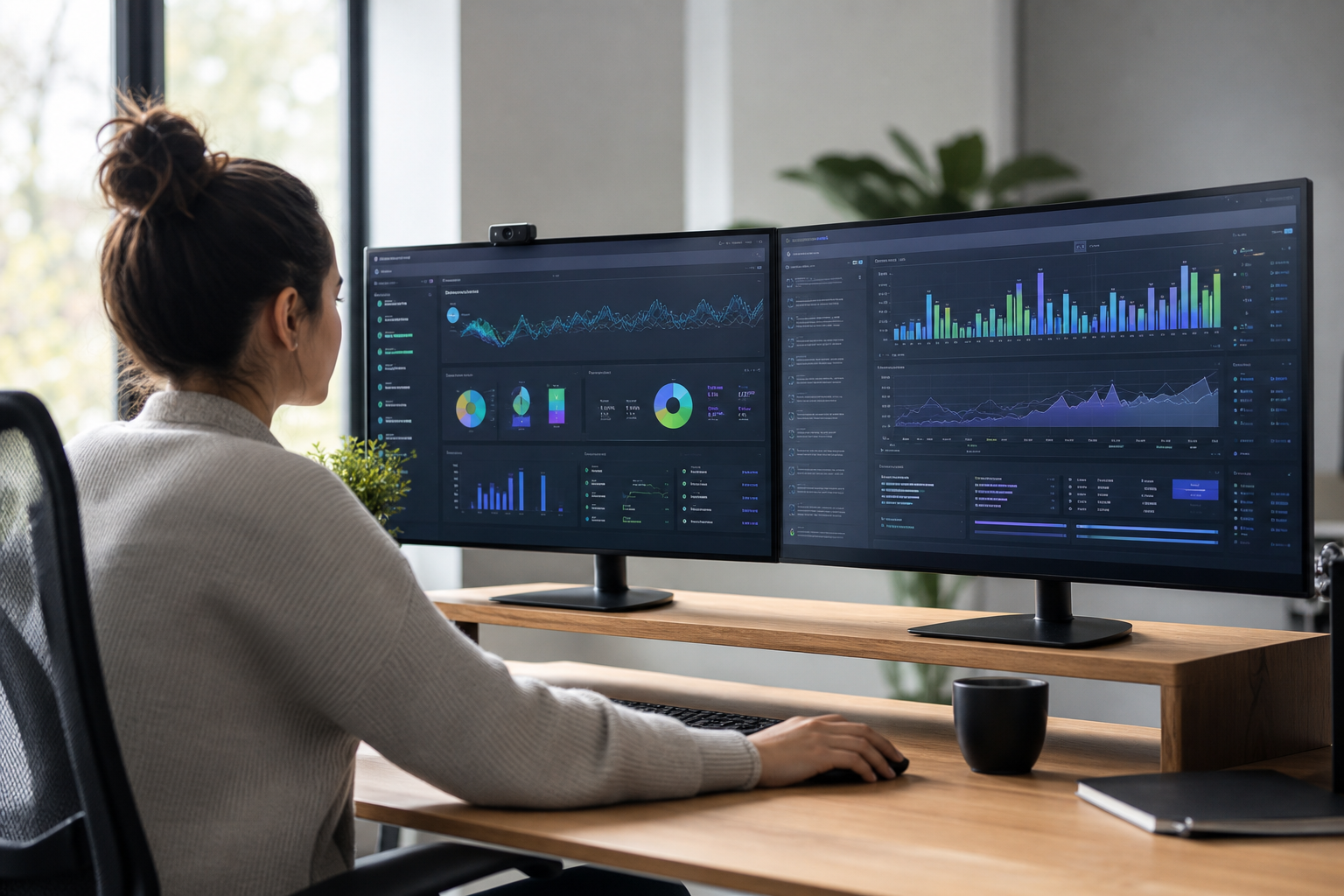 Wide shot of a dual-monitor ecommerce marketing dashboard displaying SEO rankings, social media ad performance, and revenue graphs in a modern, well-lit workspace