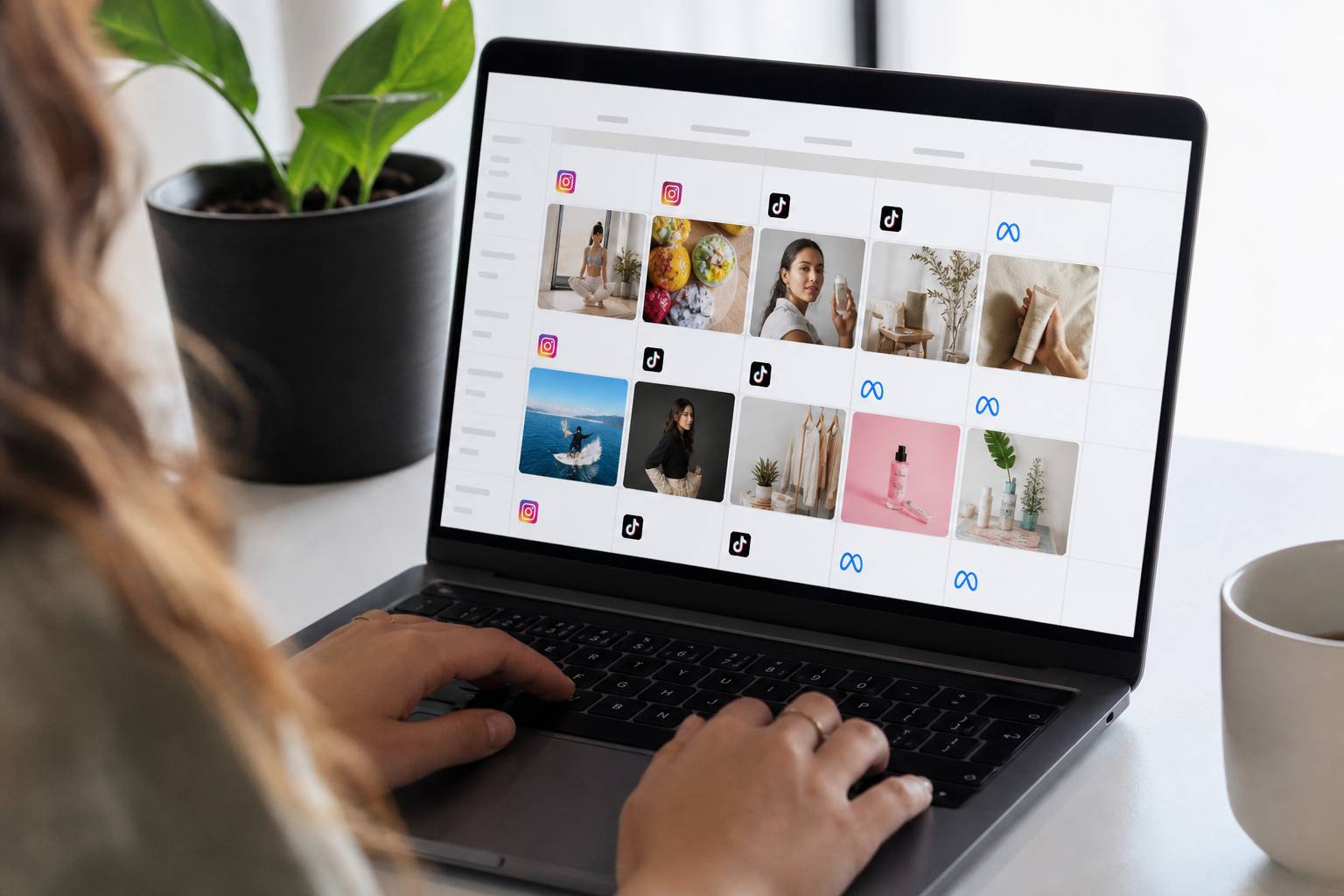 Close-up of a social media content calendar spread across a laptop screen, showing scheduled Instagram Reels, TikTok posts, and Meta ad creatives in a bright studio setting