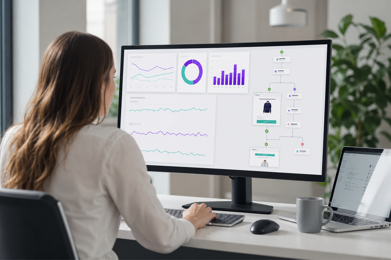 Shopify email marketing dashboard on a wide monitor showing open rates, revenue metrics, and automated flow sequences in a bright modern office