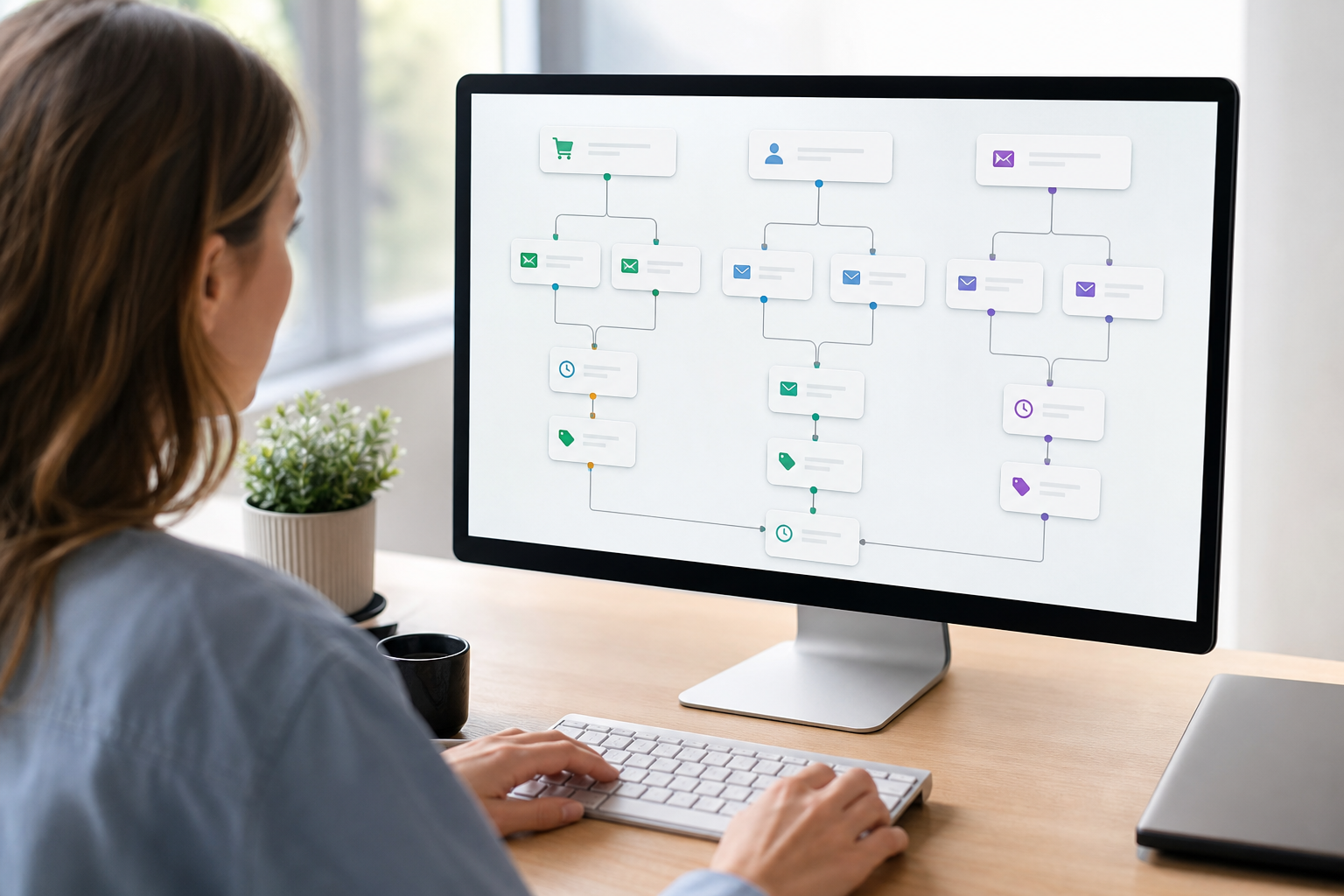 Close-up of a Shopify email flow diagram on a monitor showing abandoned cart, welcome series, and win-back automation nodes in a bright workspace