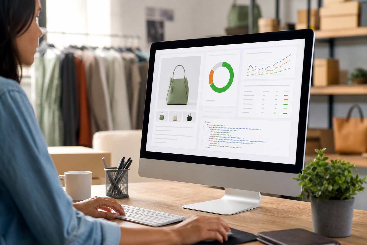 Shopify product page on a monitor showing SEO score, keyword rankings, and structured data markup in a bright ecommerce studio workspace