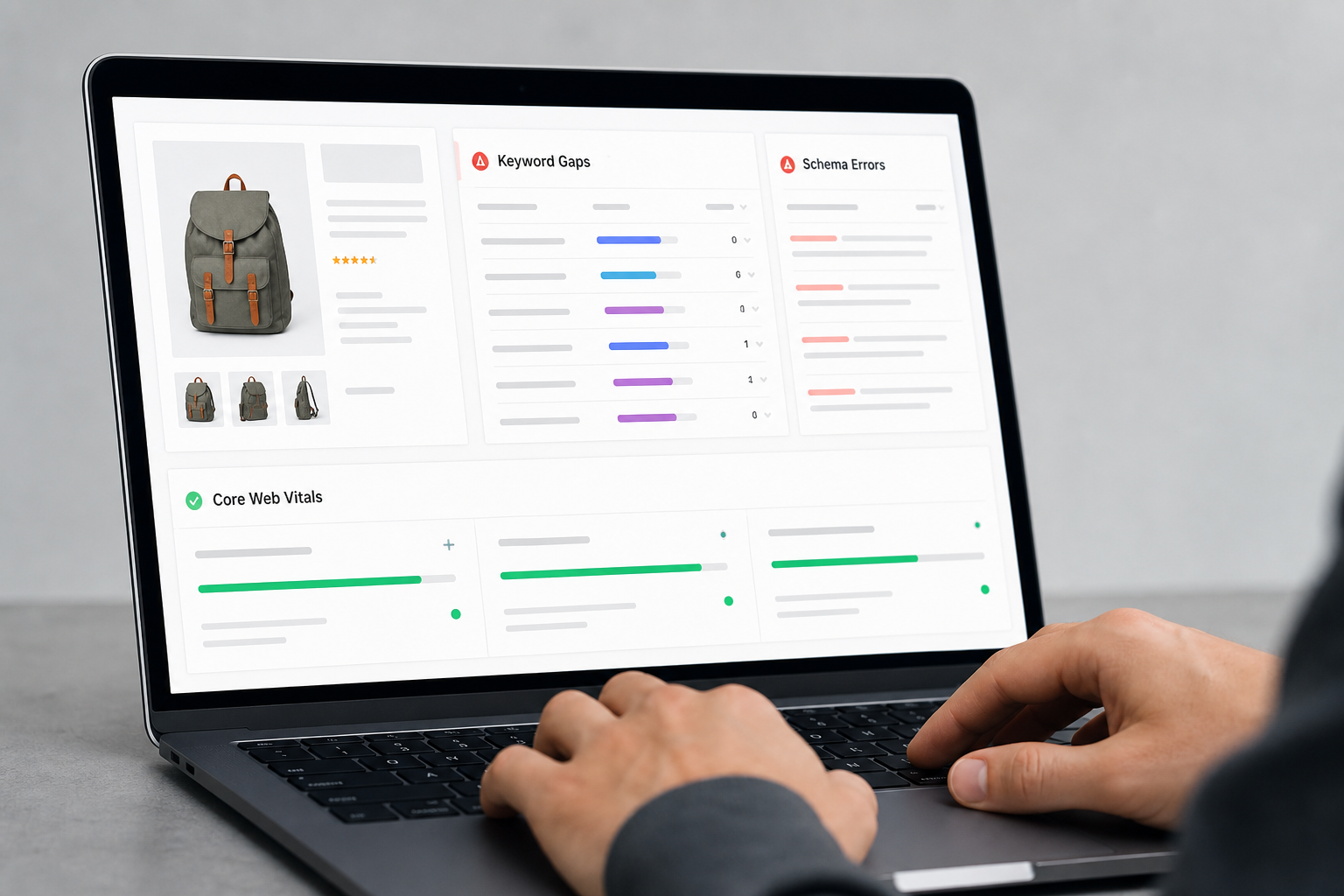 Close-up of a Shopify product page audit report on a laptop screen, highlighting keyword gaps, schema errors, and Core Web Vitals scores in a clean studio setting