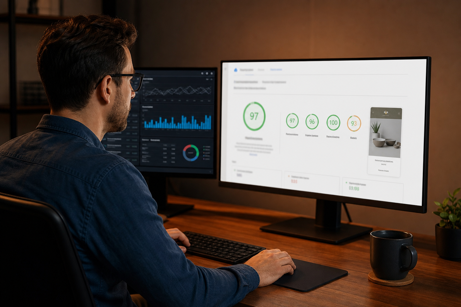 Developer reviewing Shopify store PageSpeed Insights scores on a dual-monitor setup, warm studio lighting, performance metrics visible on screen