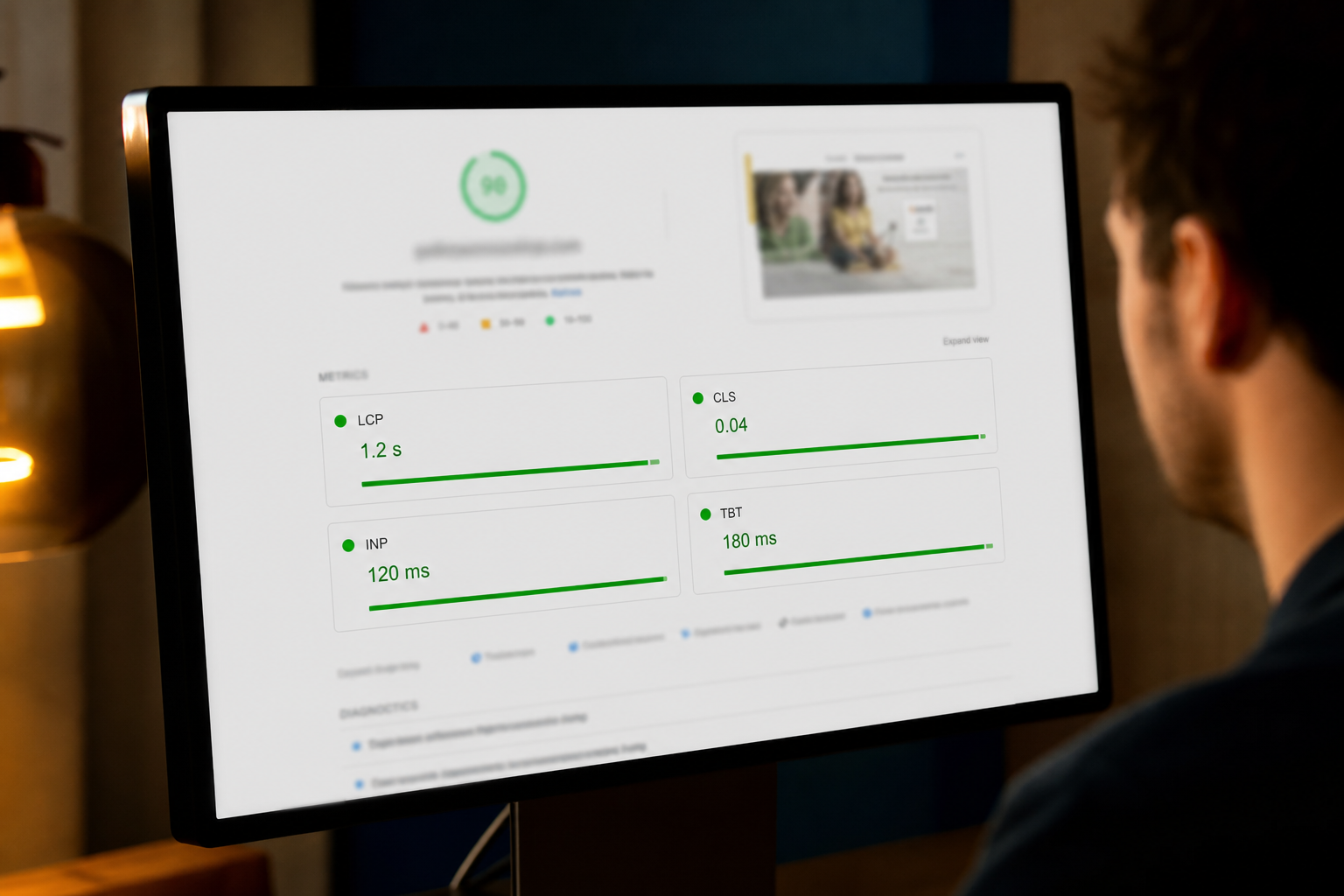 Close-up of a Shopify PageSpeed Insights report on a monitor, LCP and CLS metrics highlighted in green, same warm studio lighting as hero shot