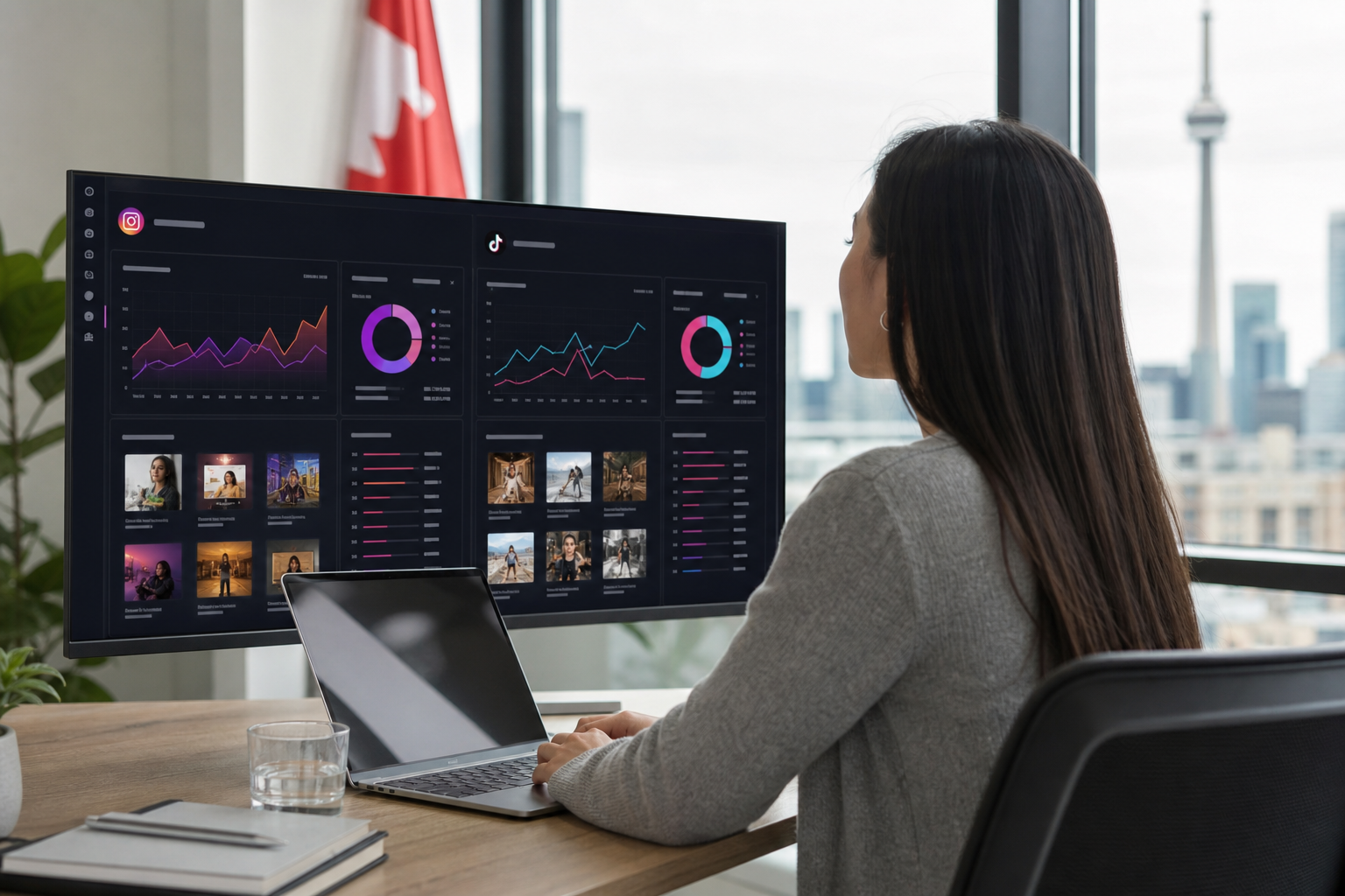 Ecommerce brand manager reviewing social media campaign performance on a large monitor showing Instagram and TikTok analytics dashboards in a bright Canadian agency office