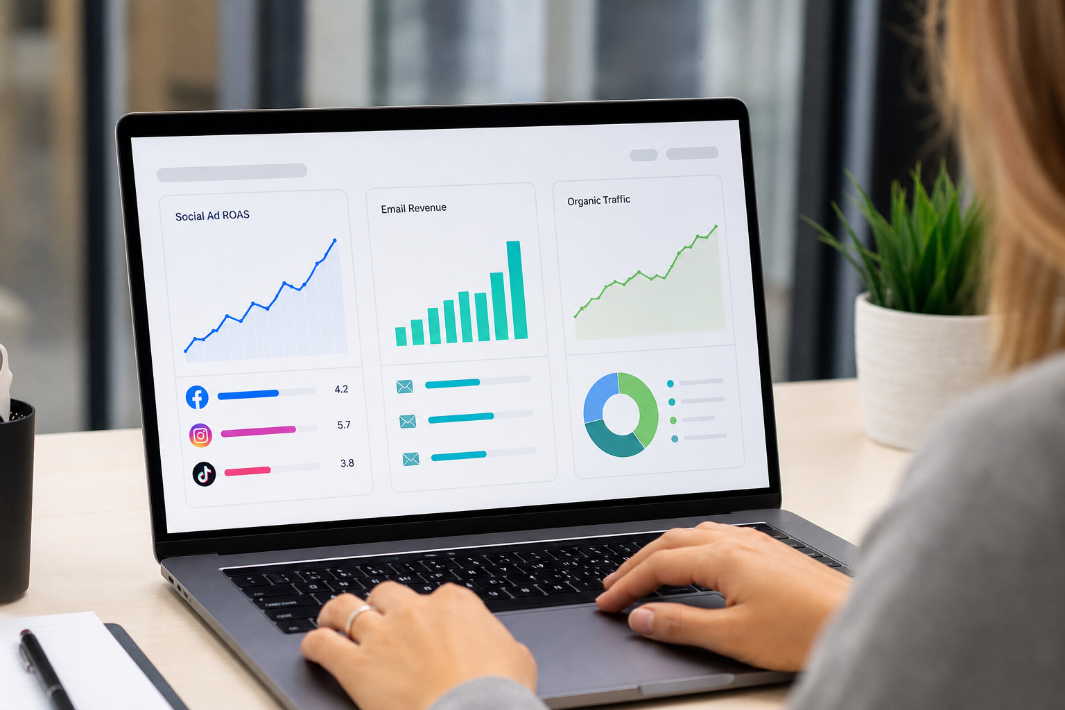 Close-up of a Shopify ecommerce dashboard on screen showing social ad ROAS, email revenue, and organic traffic metrics side by side in a bright agency workspace