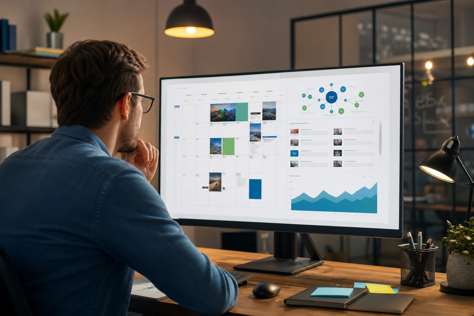 A marketer reviewing a content calendar on a large monitor showing blog posts, keyword clusters, and traffic analytics in a modern office with warm lighting