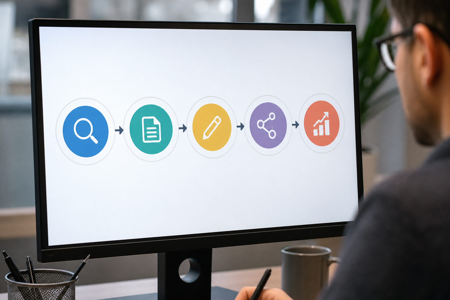 Close-up of a content workflow diagram on a monitor showing keyword research, content brief, draft, distribution channels, and conversion tracking steps in sequence