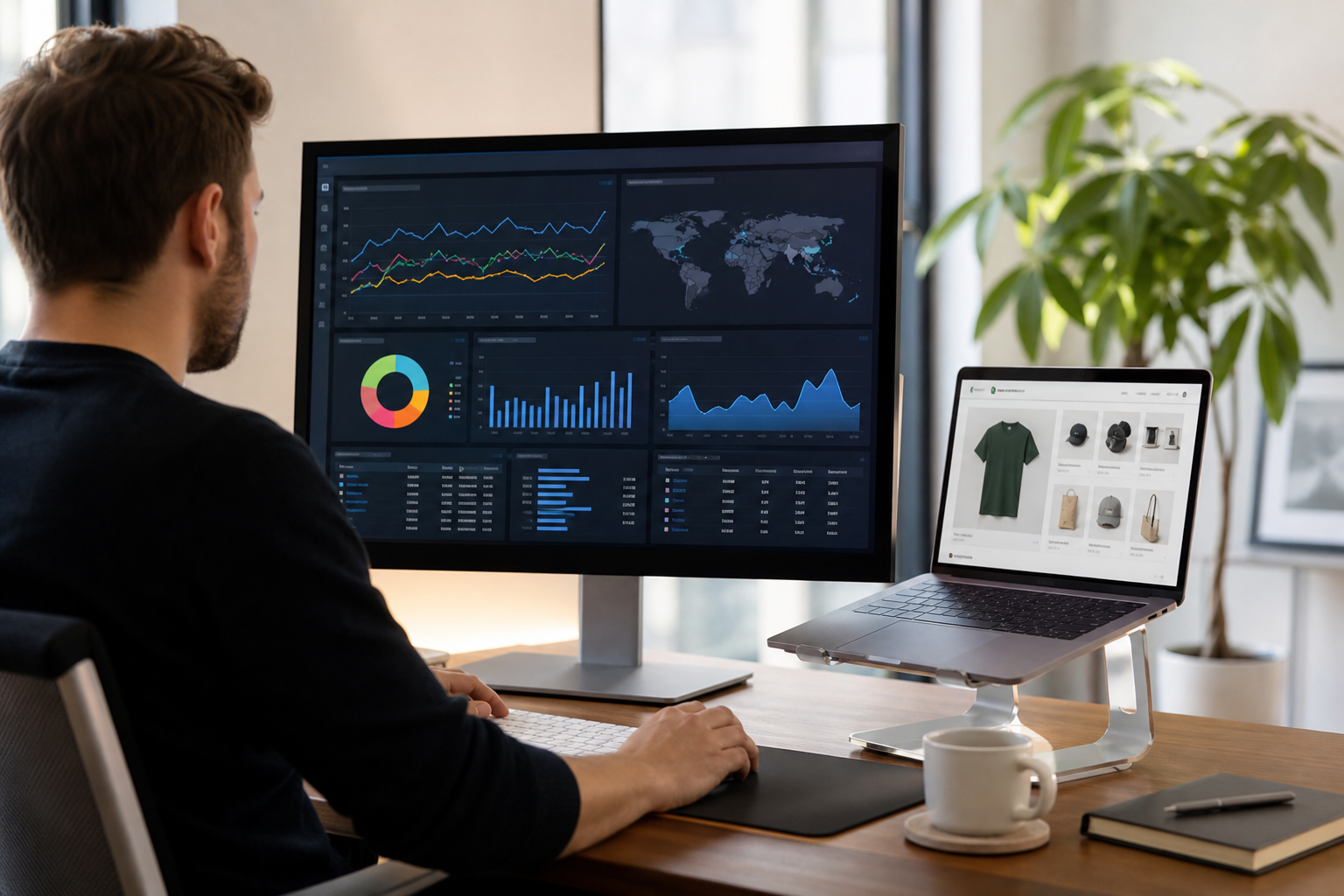 Ecommerce marketing dashboard on a large monitor showing live campaign metrics, channel performance graphs, and ROAS data in a modern well-lit home office with a Shopify storefront visible on a secondary screen.
