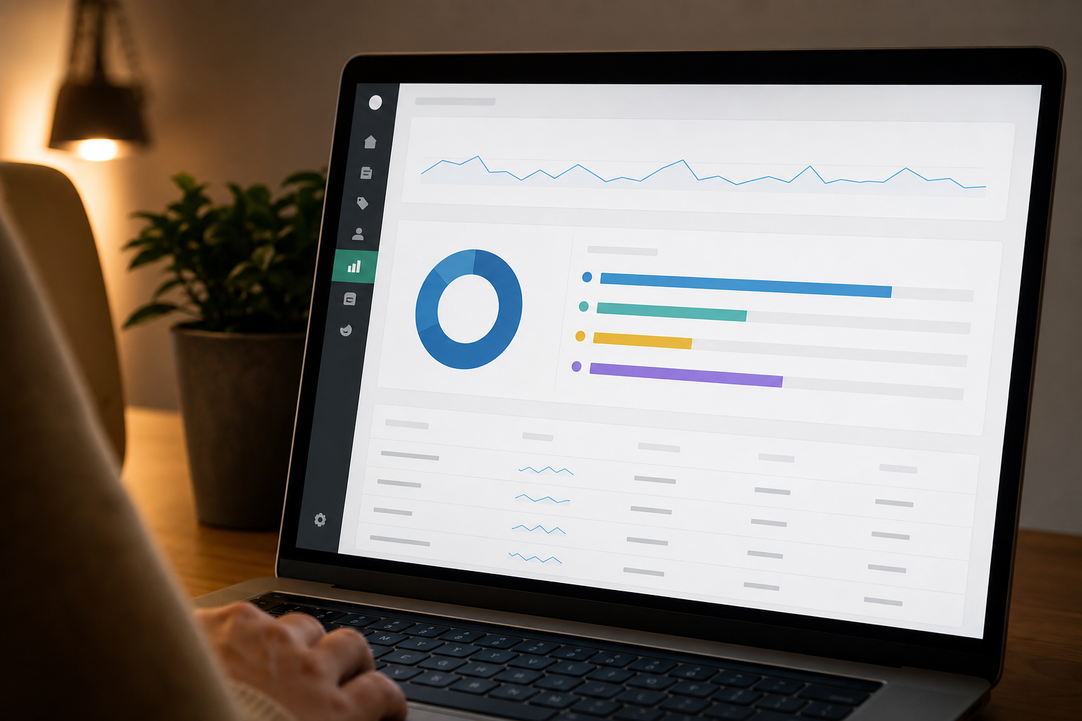 Close-up of a Shopify ecommerce dashboard screen showing channel attribution breakdown — organic search, paid, email, and social — with color-coded revenue bars under warm office lighting.