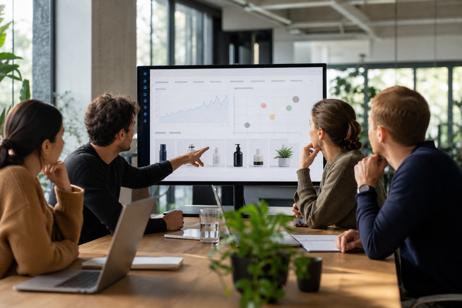 Ecommerce brand team reviewing a product marketing strategy on a large monitor showing Shopify analytics dashboards and positioning maps in a bright modern office