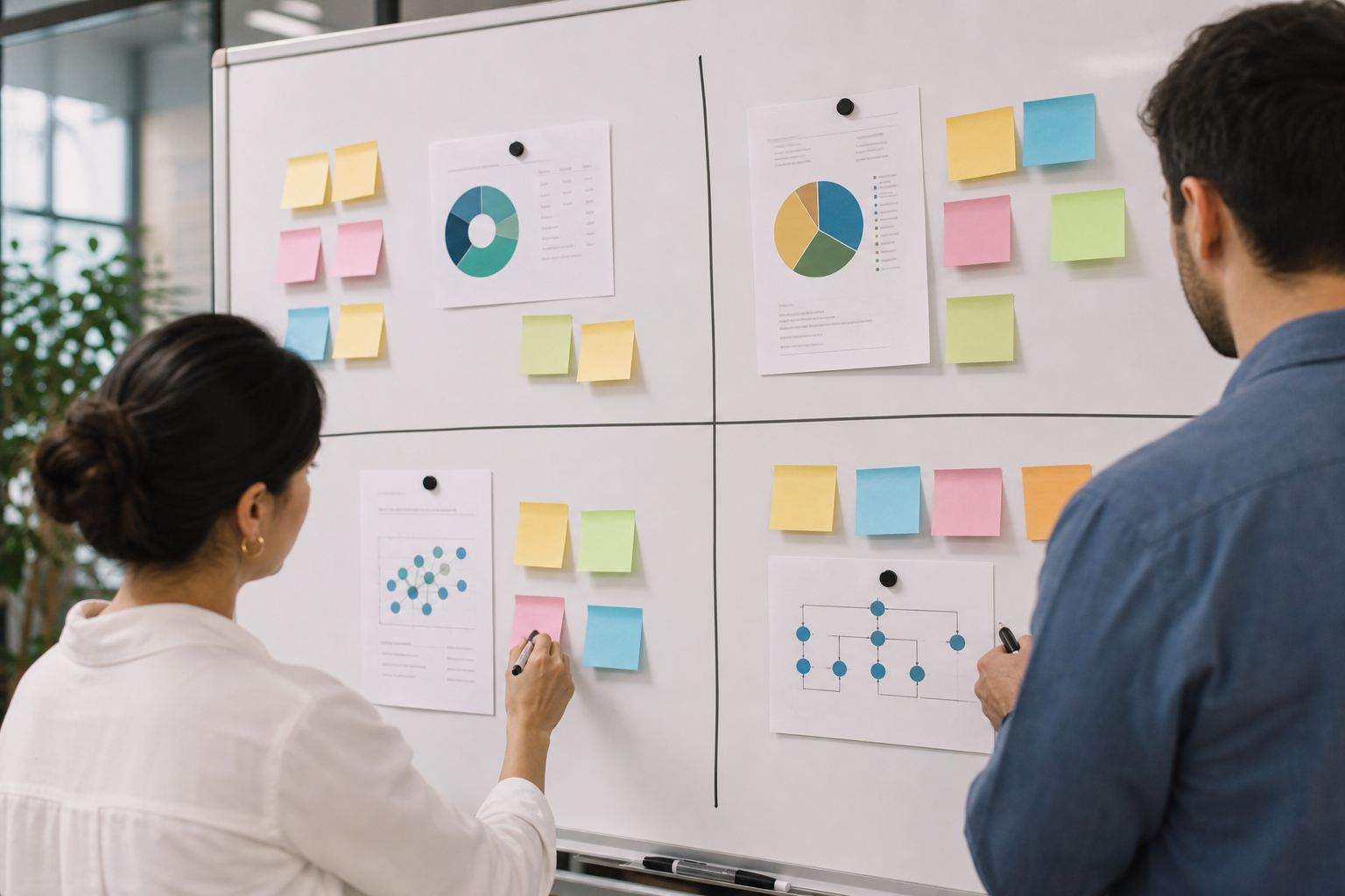 Close-up of a product marketing strategy whiteboard in the same office showing four labeled quadrants: research, segmentation, positioning, and go-to-market execution with sticky notes and data printouts