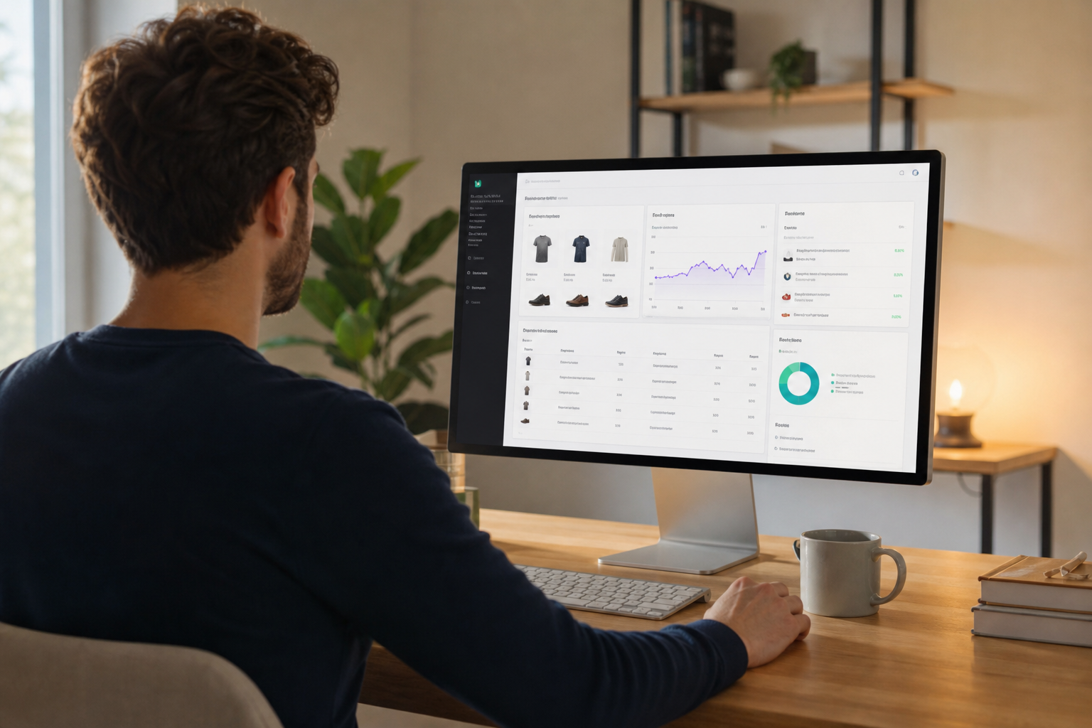 A Shopify ecommerce store dashboard displayed on a monitor, showing product listings, revenue graphs, and order management panels in a clean home office setup with warm ambient lighting