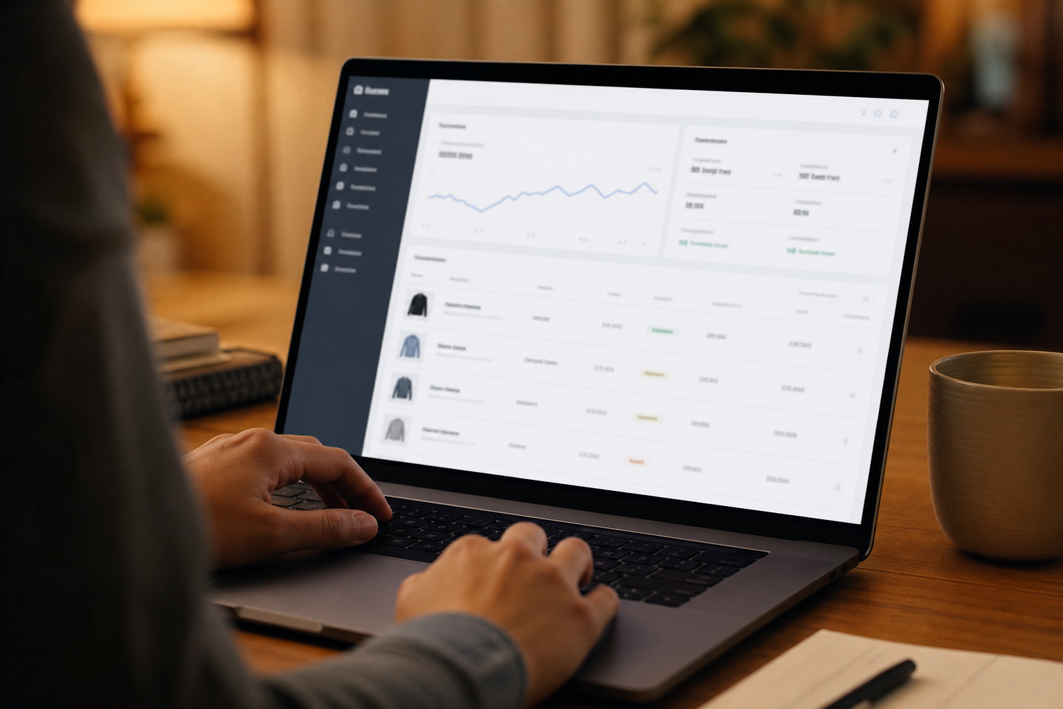 Close-up of a Shopify admin dashboard on a laptop screen showing the order management panel, inventory counts, and revenue metrics, same warm-lit home office environment as hero